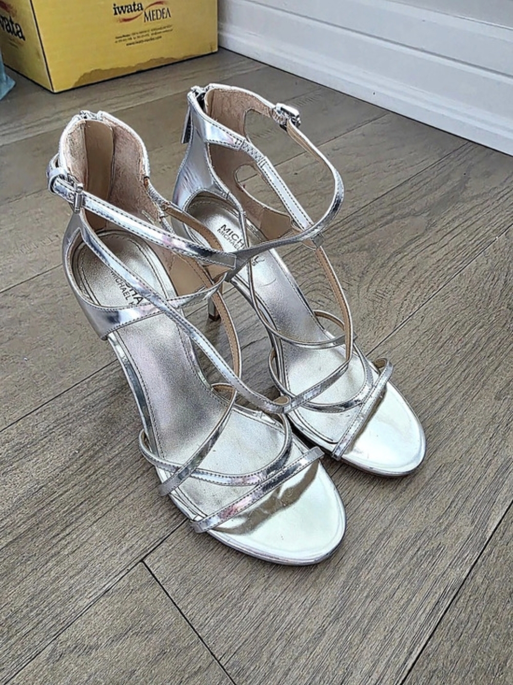Michael Kors Strappy Metallic Heels in Silver